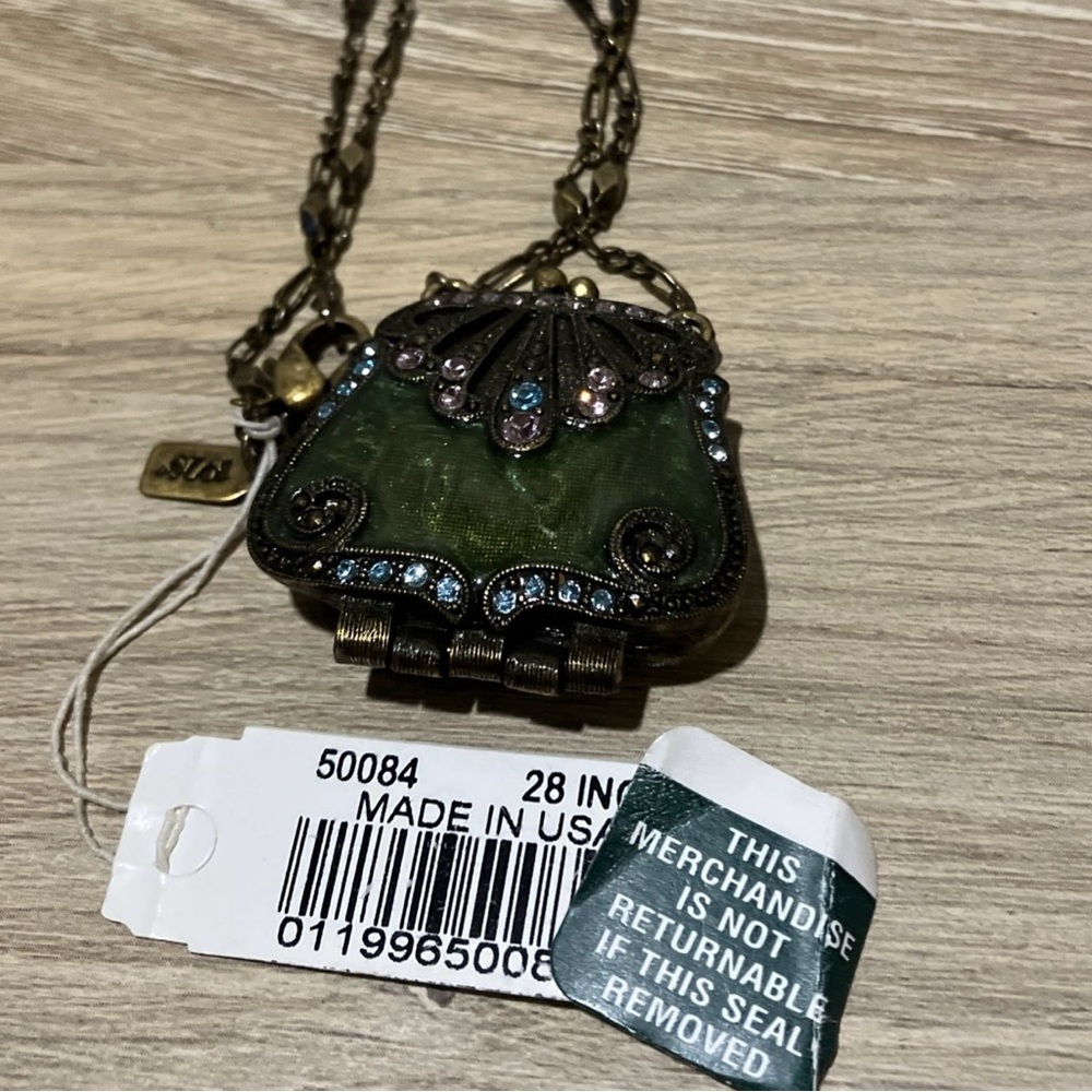 Vintage 1928 Green Enamel Purse Pendant  Multicolor Rhinestone Necklace 28” NWT